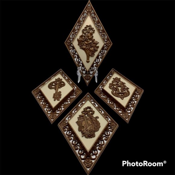 Syroco Vintage #4271 Diamond Shaped Wall Art Hanging Plaque, Set of 4 - Picture 2 of 11